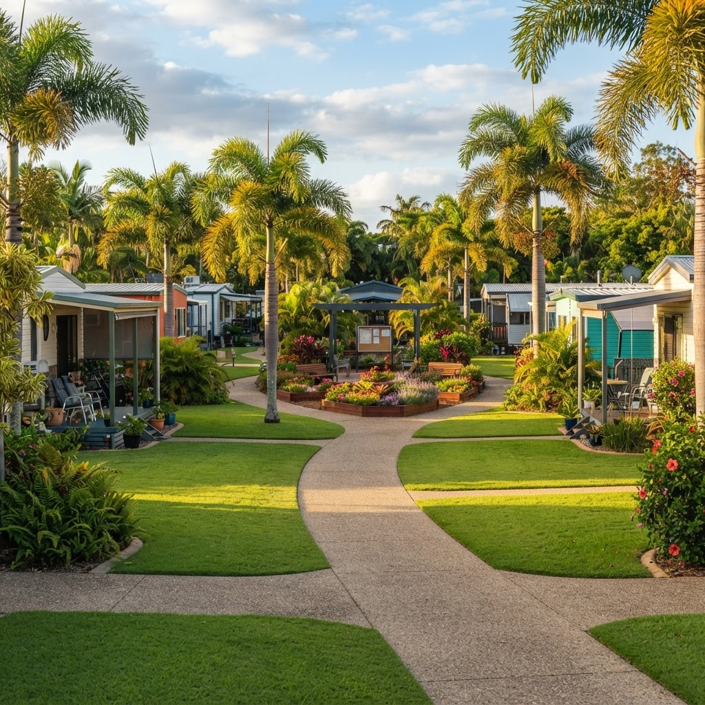 Lush grounds of Nerang Caravan Park with tropical trees and manicured gardens