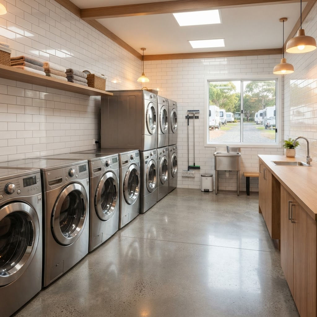 Clean modern laundry room with washing machines at Nerang Caravan Park