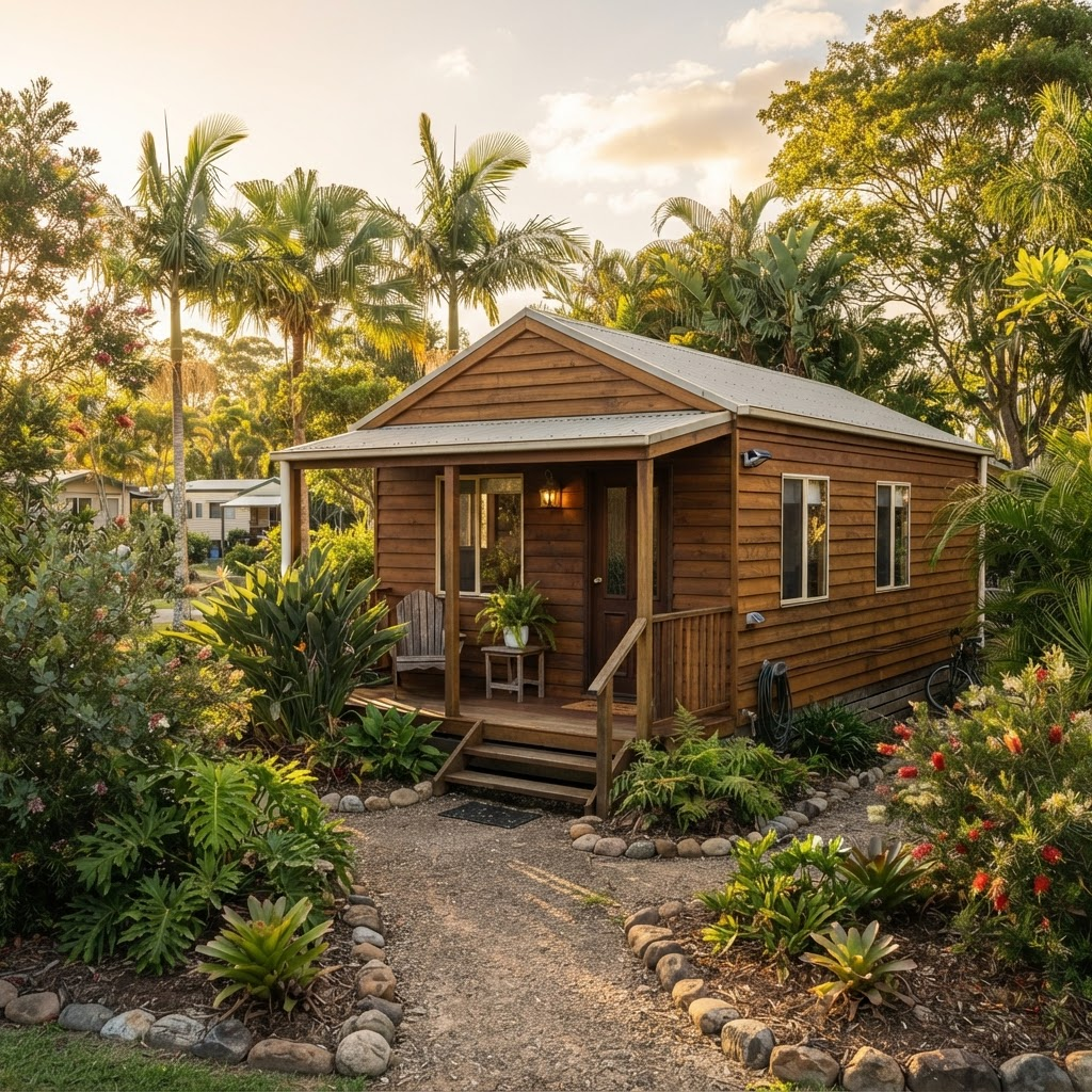Charming rental cabin surrounded by tropical garden at Nerang Caravan Park