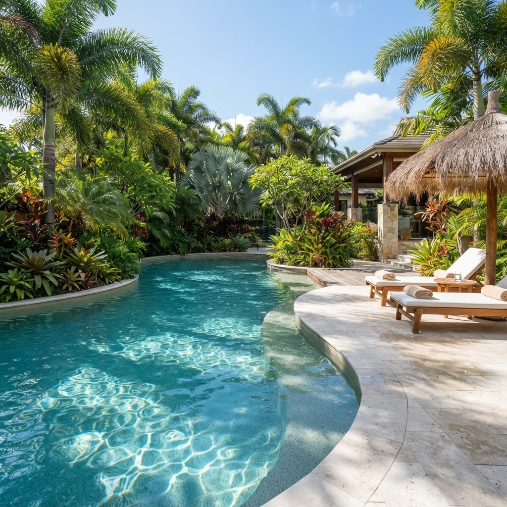 Sparkling saltwater swimming pool surrounded by tropical plants at Nerang Caravan Park